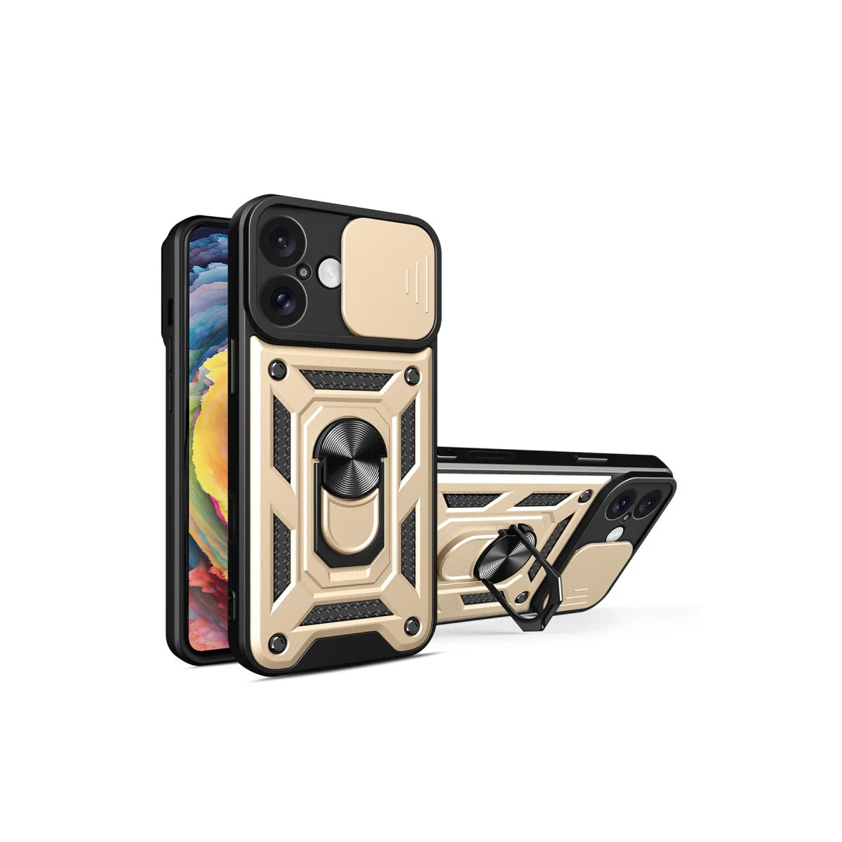 iPhone 16 Kılıf - Silikon, Lens Kapağı, Stand ve Gold