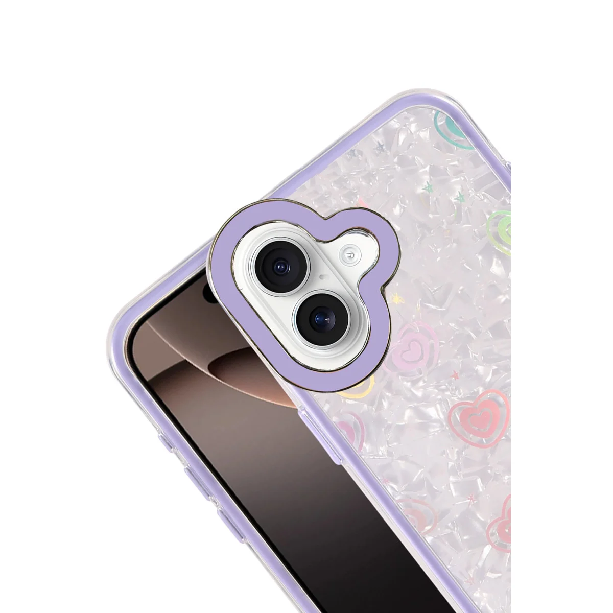 iPhone 16 Lumi Desenli Kapak - Mor Kristal Şeffaf ve Güvenli Koruma