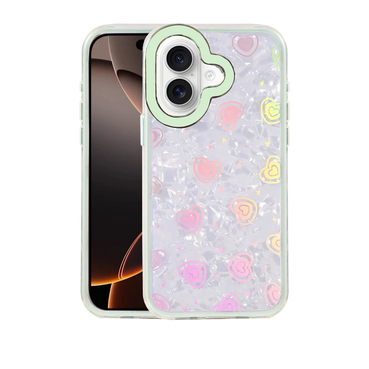 iPhone 16 Lumi Desenli Kapak Yeşil - Kristal Şeffaf ve Kalp Desenli Koruyucu