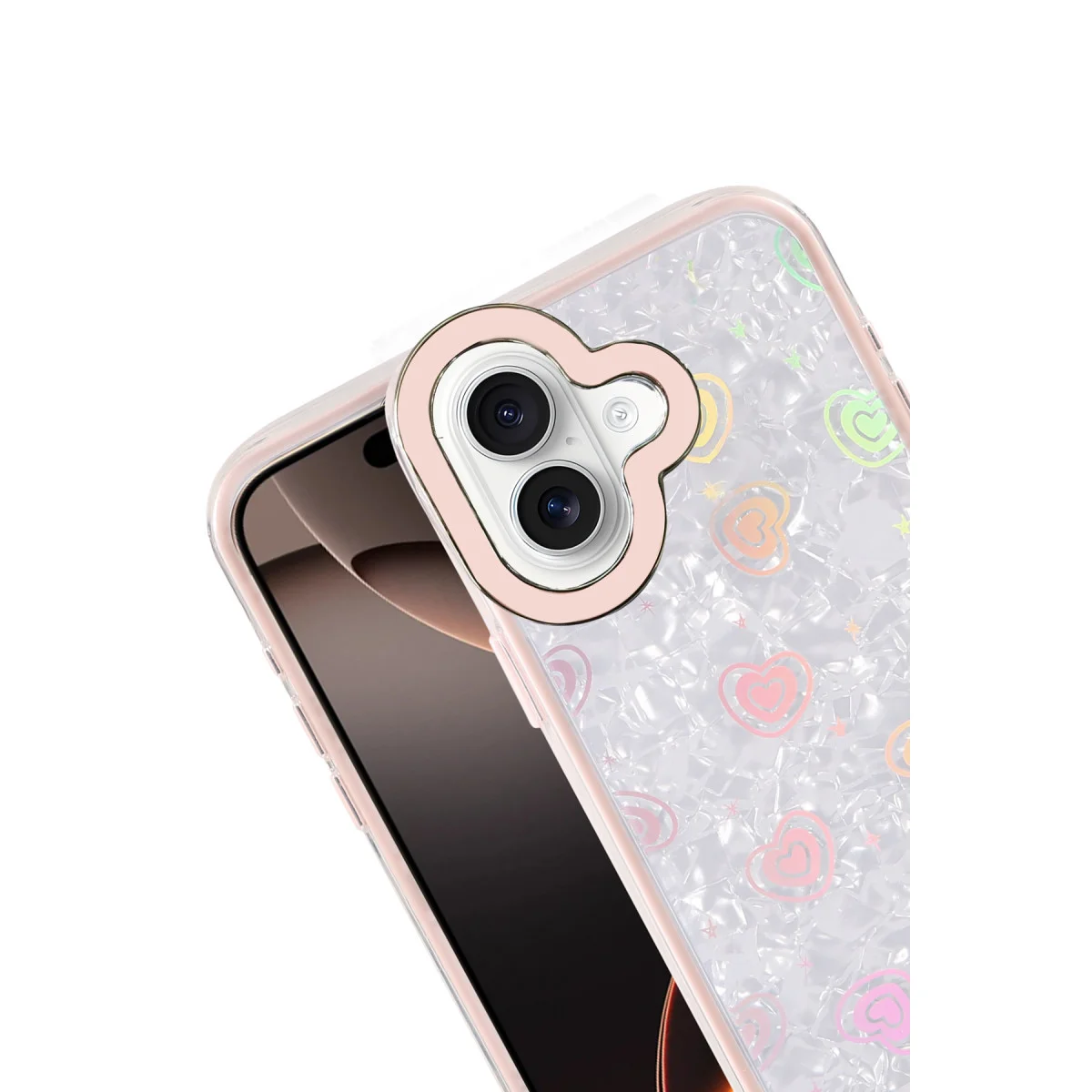 iPhone 16 Lumi Desenli Kapak - Kristal Şeffaf ve Pembe