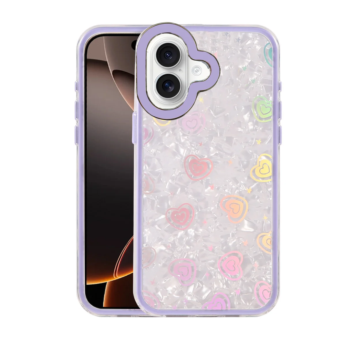 iPhone 16 Lumi Desenli Kapak - Mor Kristal Şeffaf ve Güvenli Koruma