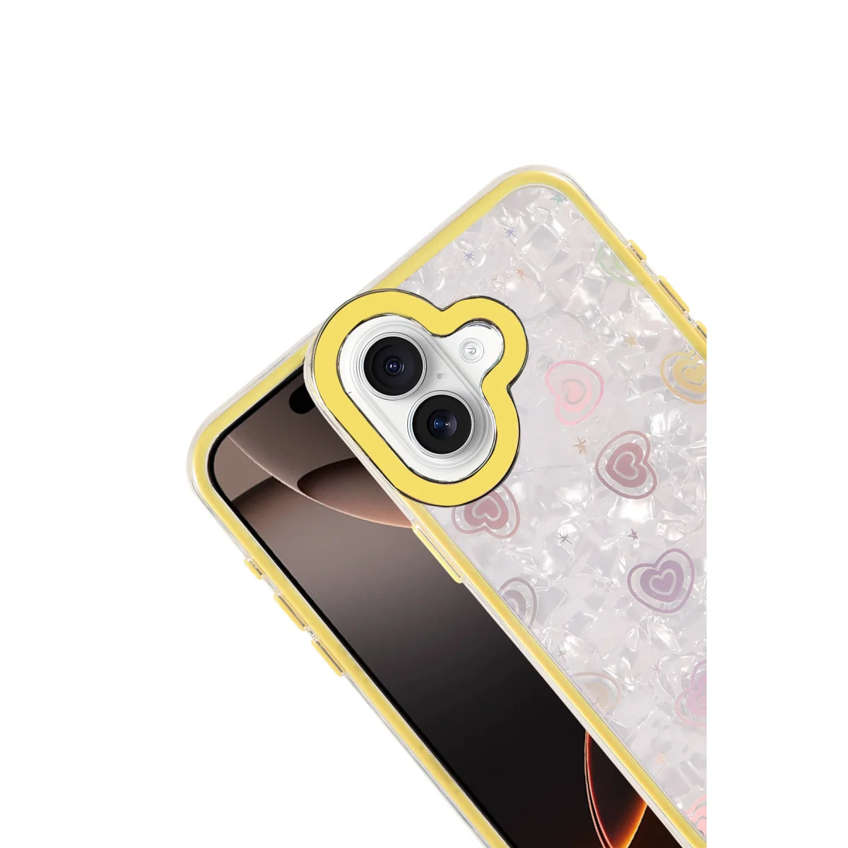 iPhone 16 Lumi Desenli Kapak - Sarı, Kristal Şeffaf ve Kalp Tasarımı