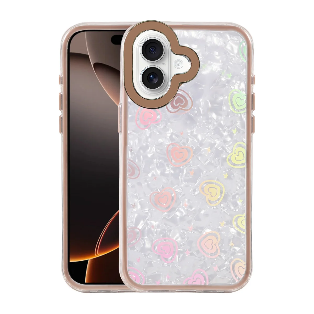 iPhone 16 Lumi Desenli Kapak - Kristal Çöl Titanyum ve Renkli Kalp Deseni