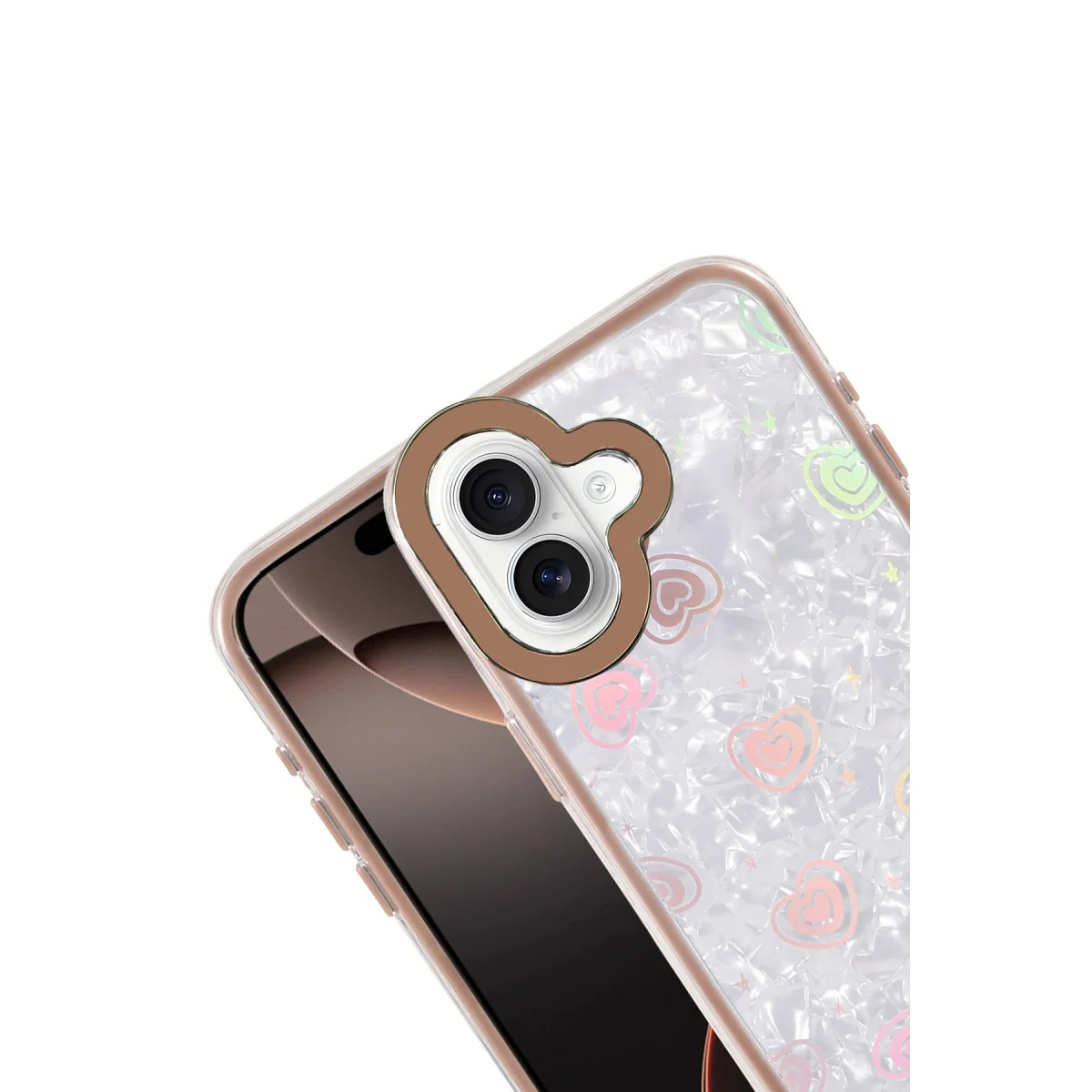 iPhone 16 Lumi Desenli Kapak - Kristal Çöl Titanyum ve Renkli Kalp Deseni