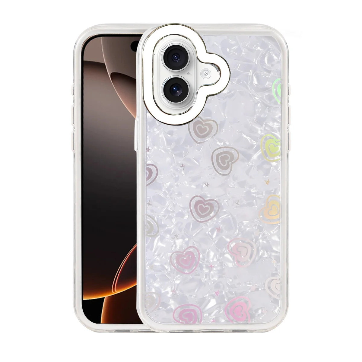 iPhone 16 Lumi Desenli Kapak - Kristal Şeffaf & Renkli Kalp Tasarımı