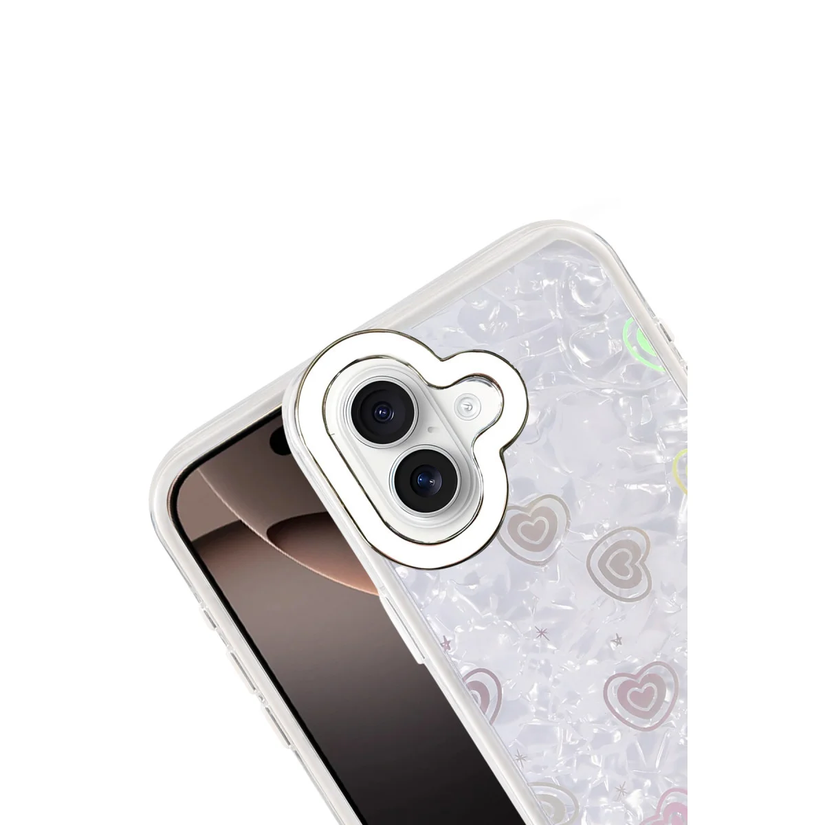 iPhone 16 Lumi Desenli Kapak - Kristal Şeffaf & Renkli Kalp Tasarımı