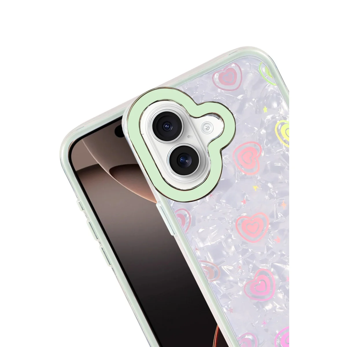 iPhone 16 Lumi Desenli Kapak Yeşil - Kristal Şeffaf ve Kalp Desenli Koruyucu