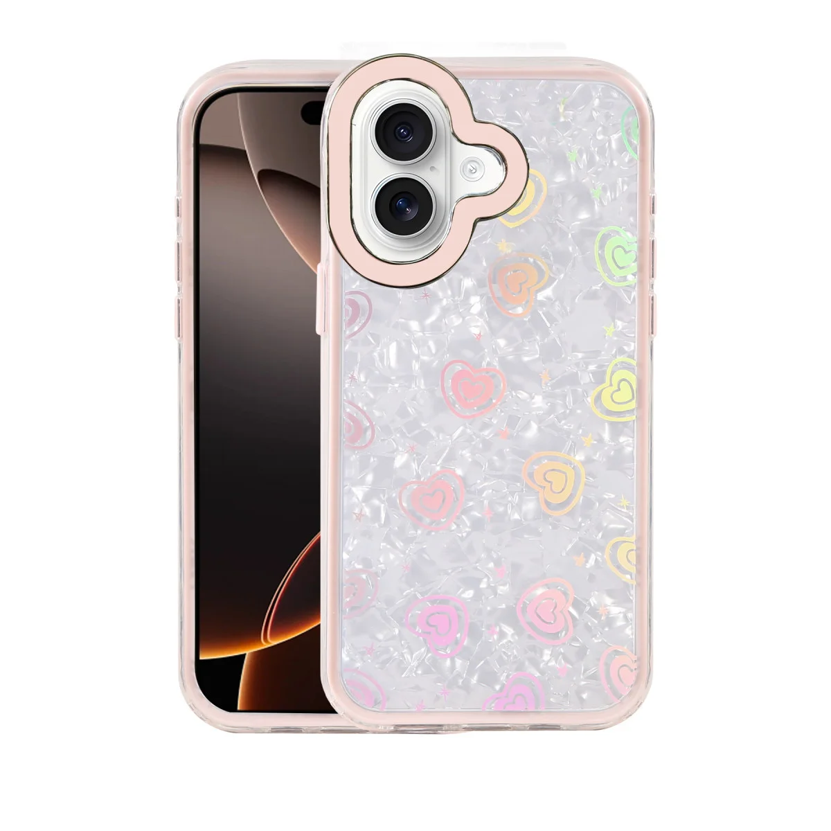 iPhone 16 Lumi Desenli Kapak - Kristal Şeffaf ve Pembe