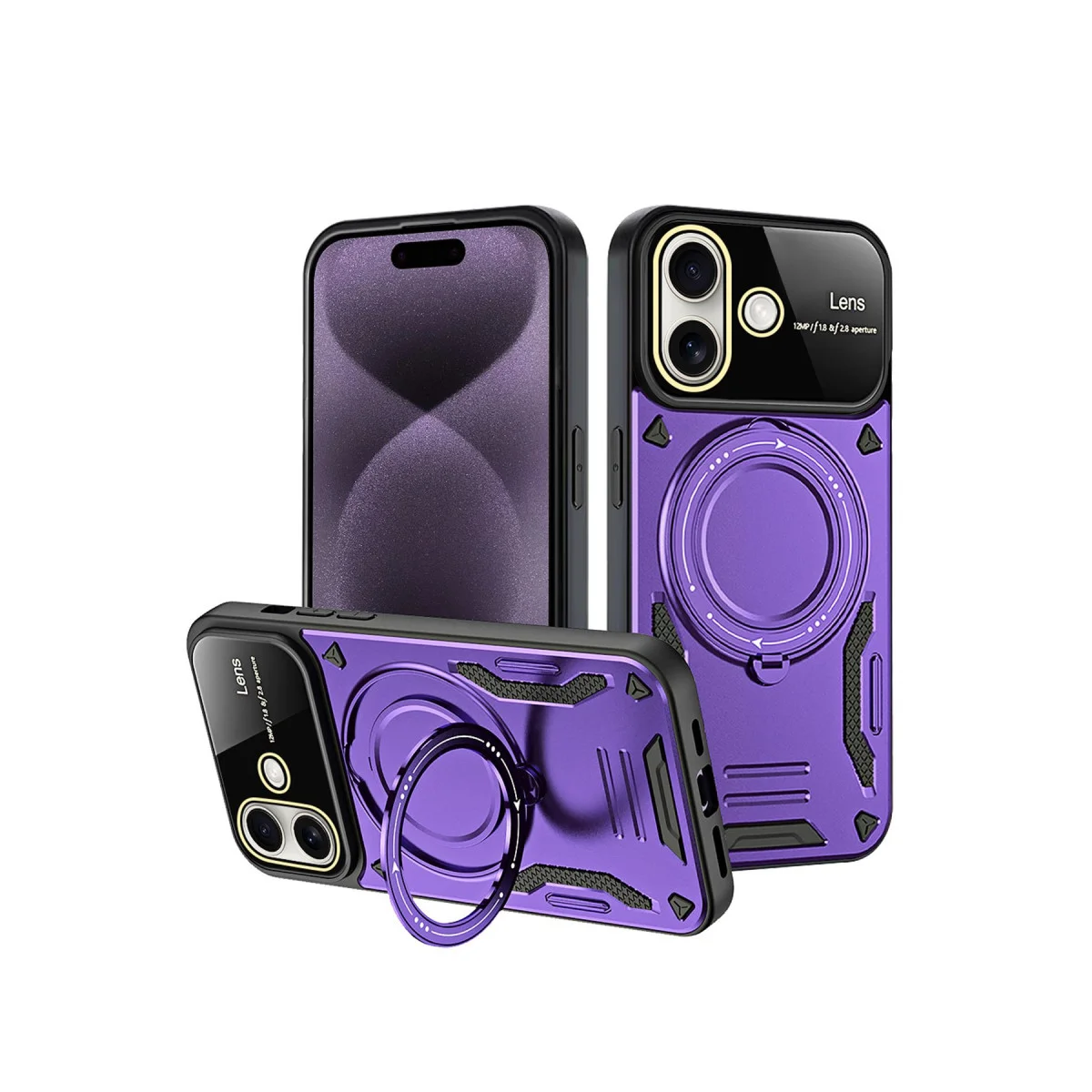 iPhone 16 Mor Kılıf Joy Lens Standlı Askeri Korumalı Ekran Kalkanı