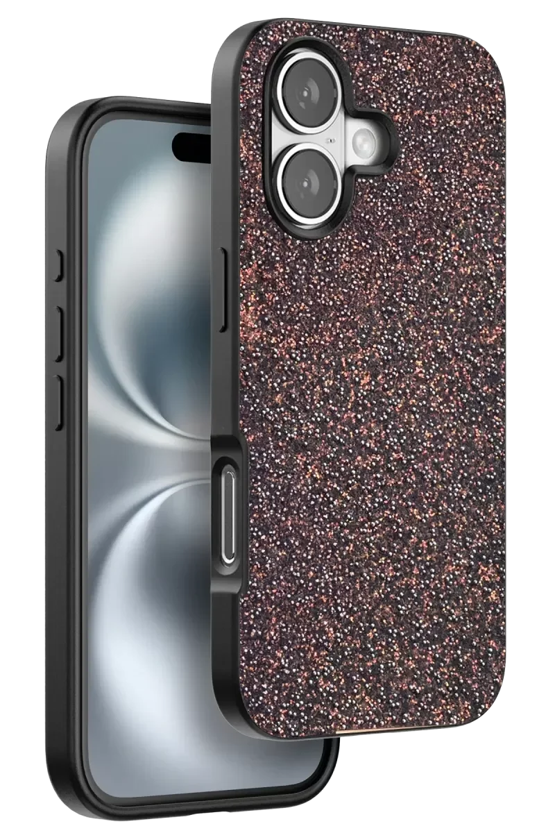 iPhone 16 Plus ile Uyumlu Bright Simli Kapak - Derin Mor, Boncuk İşlemeli Şık Kılıf