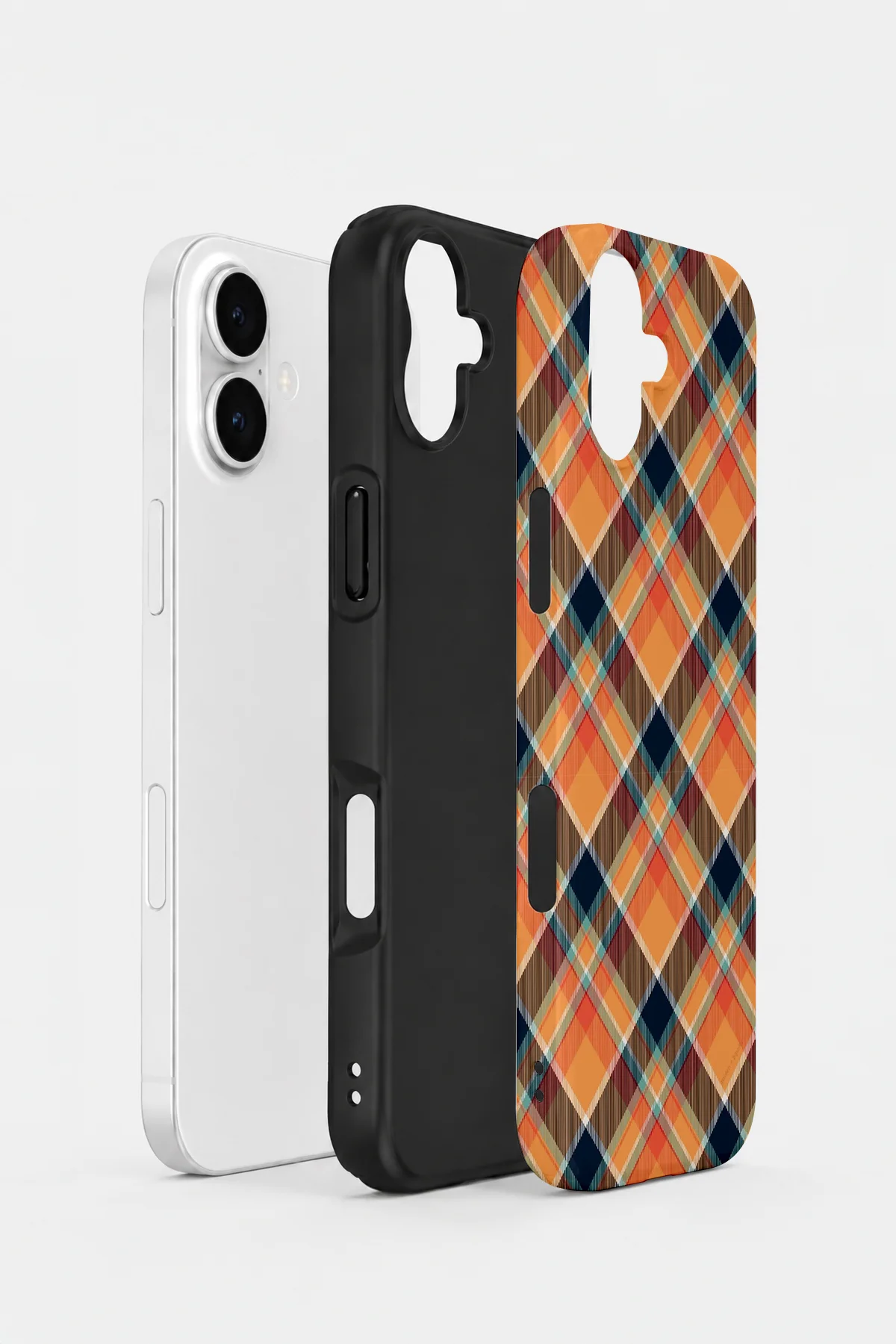 iPhone 16 Plus Vorian Çift Katmanlı Turuncu Lacivert Ekose Kılıf - Görsel 2