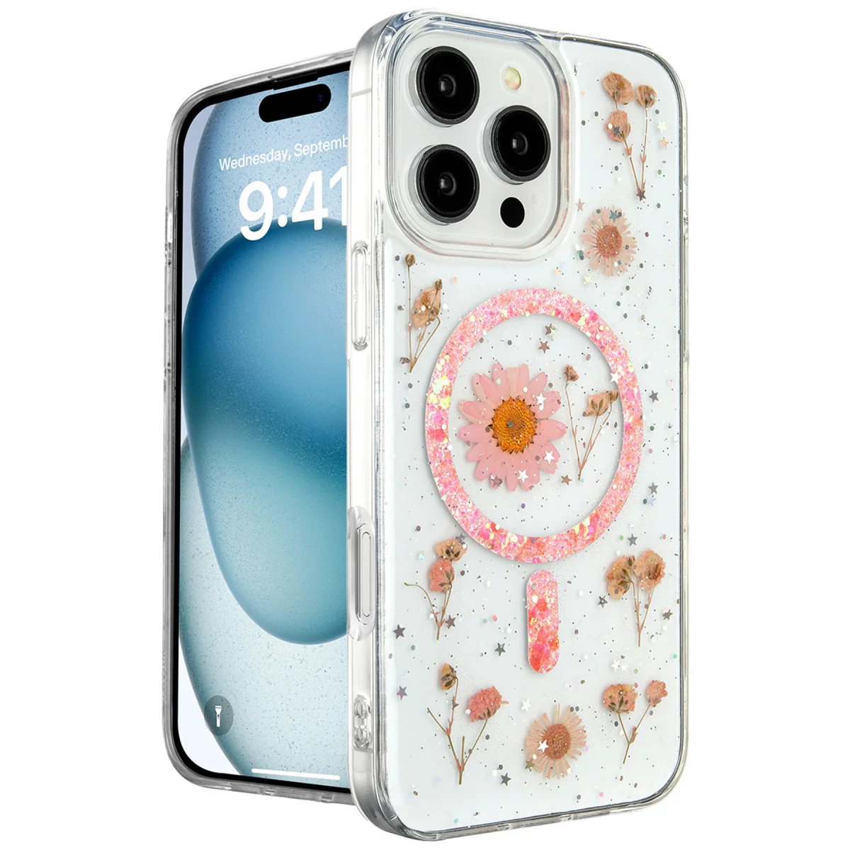 iPhone 16 Pro Daisy Simli Magsafe Kapak Pembe - Doğal Tasarım ve Güvenli Şarj