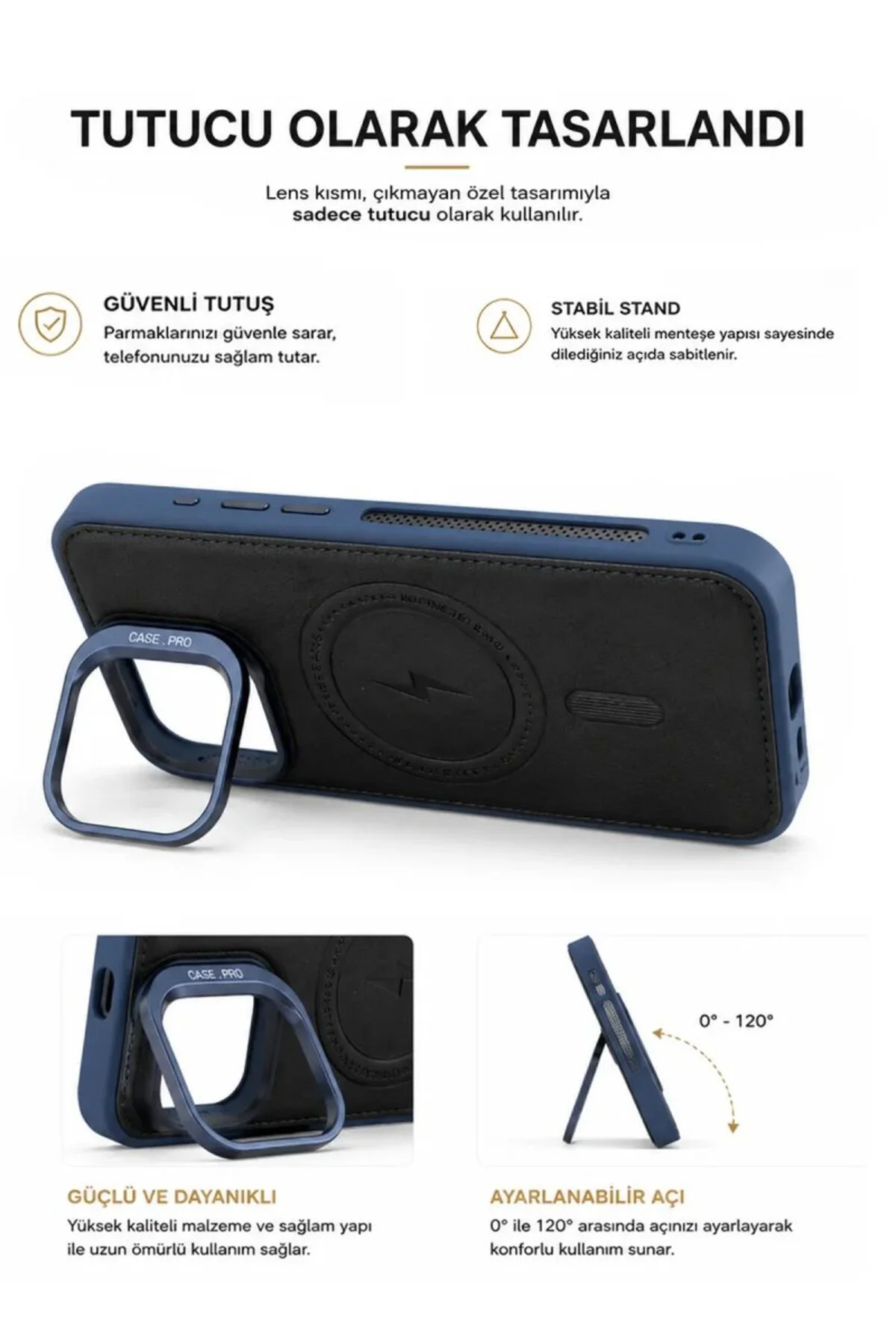 iPhone 16 Pro GripStand MagSafe Deri Kılıf Lacivert