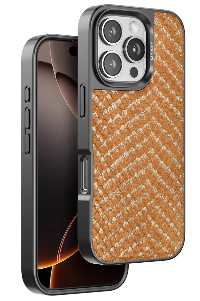 iPhone 16 Pro ile Uyumlu Viper Kapak - Kahverengi Yılan Derisi Desenli Lüks Telefon Kılıfı