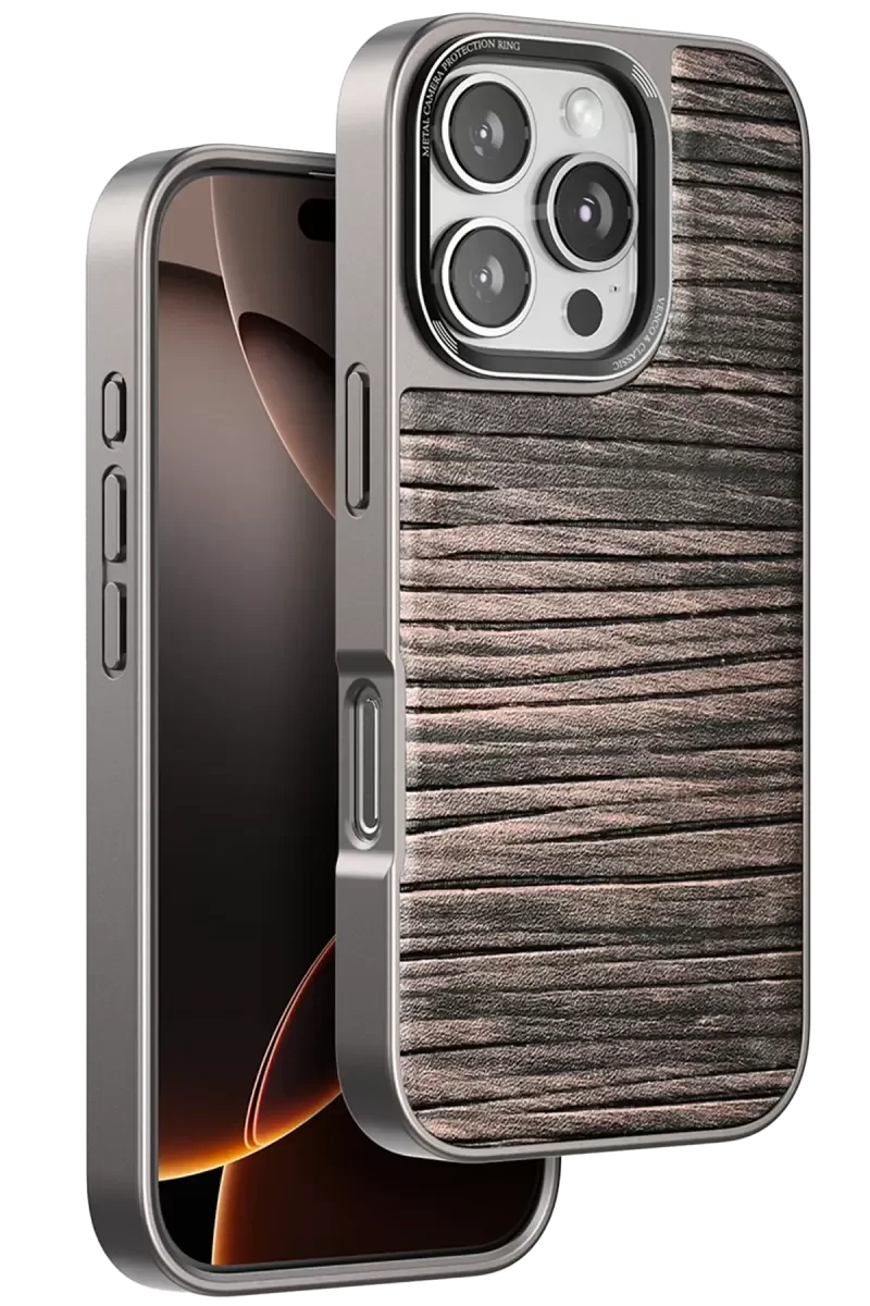 iPhone 16 Pro ile Uyumlu Wave Kapak - Kahverengi Sunî Deri Telefon Kılıfı