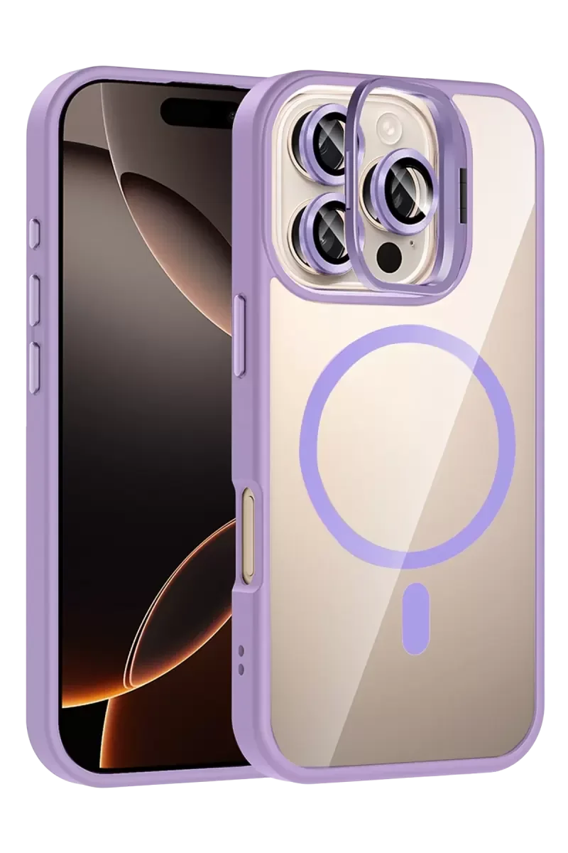 iPhone 16 Pro ile Uyumlu Remim Lensli Magsafe Standlı Kapak - Lila
