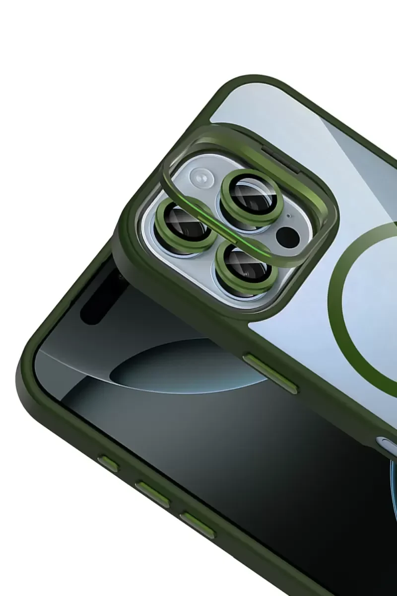 iPhone 16 Pro ile Uyumlu Remim Lensli MagSafe Standlı Kılıf - Koyu Yeşil