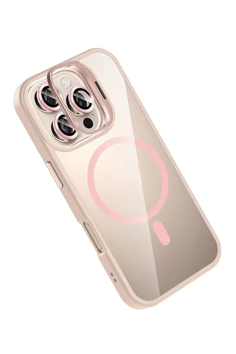 iPhone 16 Pro ile Uyumlu Remim Lensli MagSafe Standlı Kılıf - Pembe Şeffaf