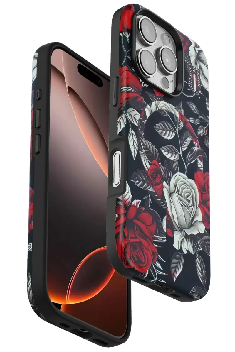 iPhone 16 Pro ile Uyumlu Flower Series Magsafe Kapak - Siyah, 3 Boyutlu Gül Desenli