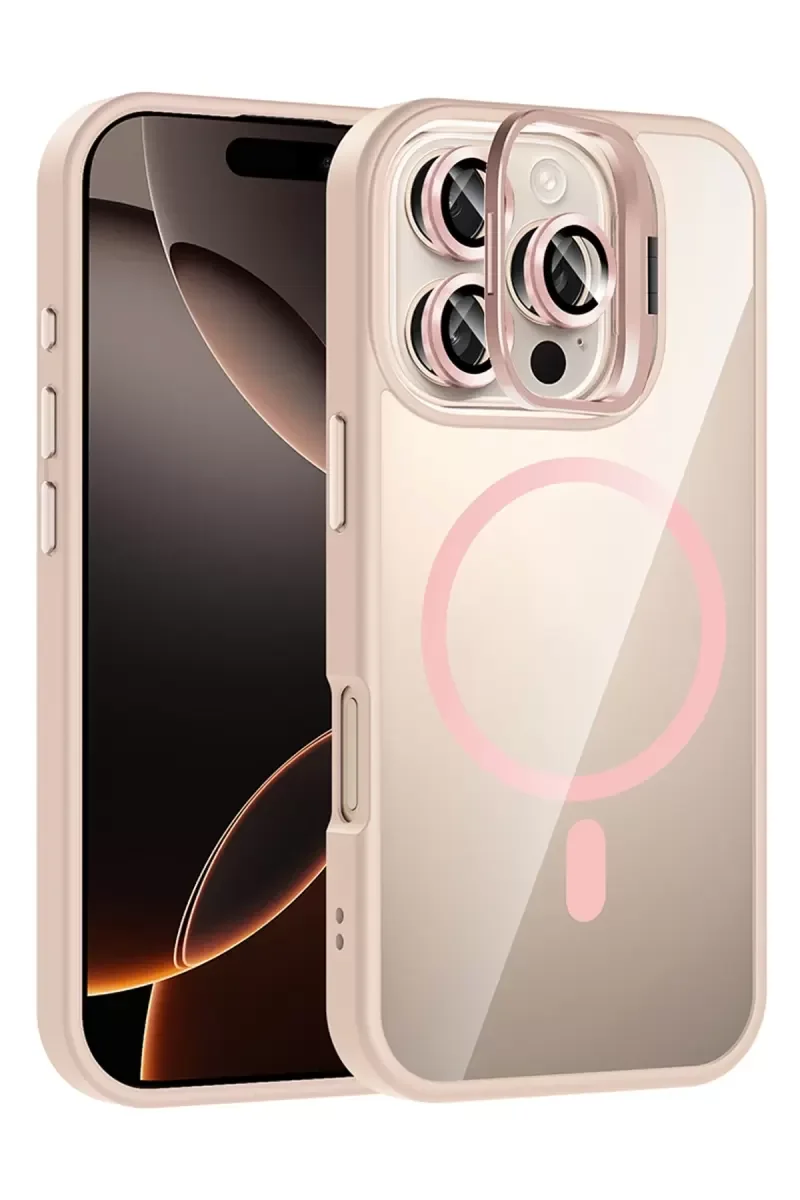 iPhone 16 Pro ile Uyumlu Remim Lensli MagSafe Standlı Kılıf - Pembe Şeffaf