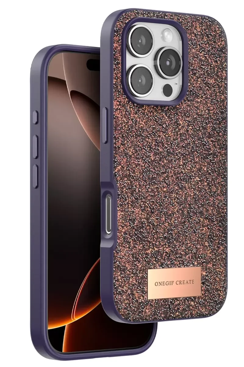 iPhone 16 Pro ile Uyumlu Bright Simli Kapak - Derin Mor Boncuk İşlemeli Şık Telefon Kılıfı