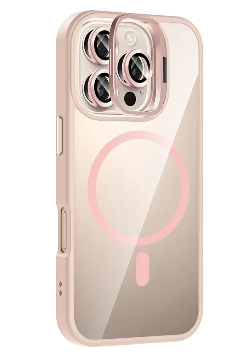 iPhone 16 Pro ile Uyumlu Remim Lensli MagSafe Standlı Kılıf - Pembe Şeffaf