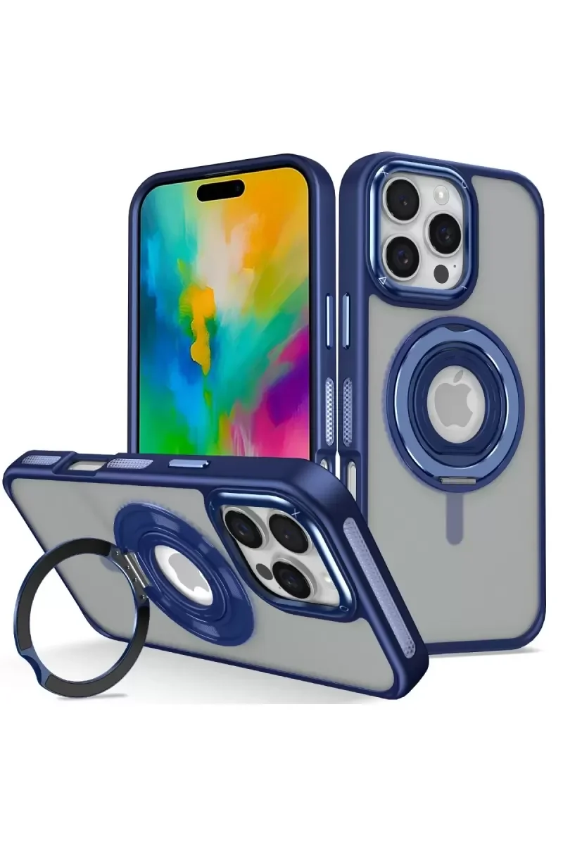 iPhone 16 Pro ile Uyumlu Banza MagSafe Standlı Şeffaf Kılıf - Lacivert