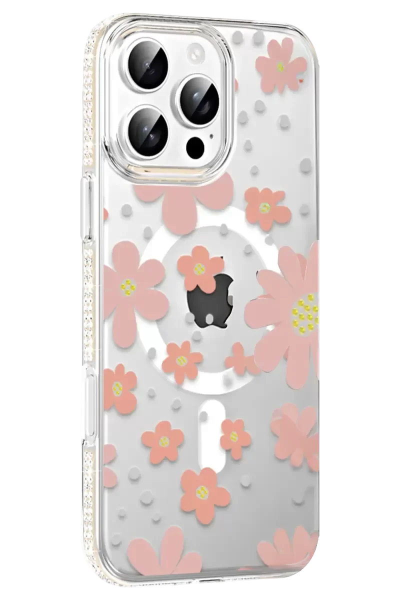 iPhone 16 Pro ile Uyumlu Floral Magsafe Kılıf - Pembe Çiçek Desenli Şeffaf Telefon Kılıfı