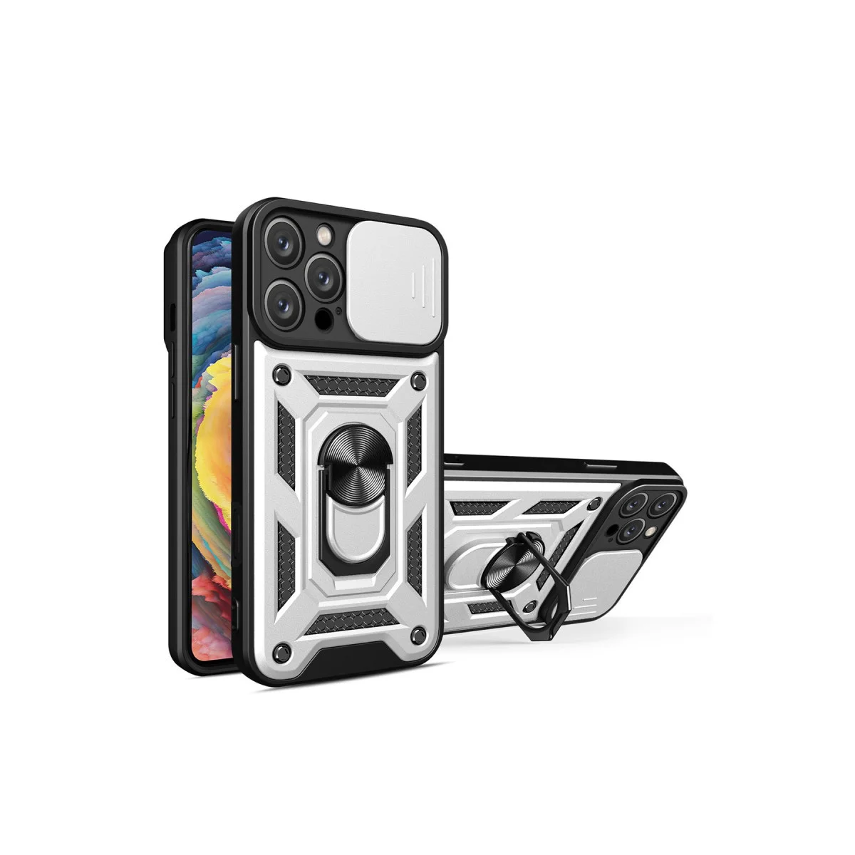 iPhone 16 Pro Kılıf - Gümüş Silikon Pars Lens Korumalı ve Standlı
