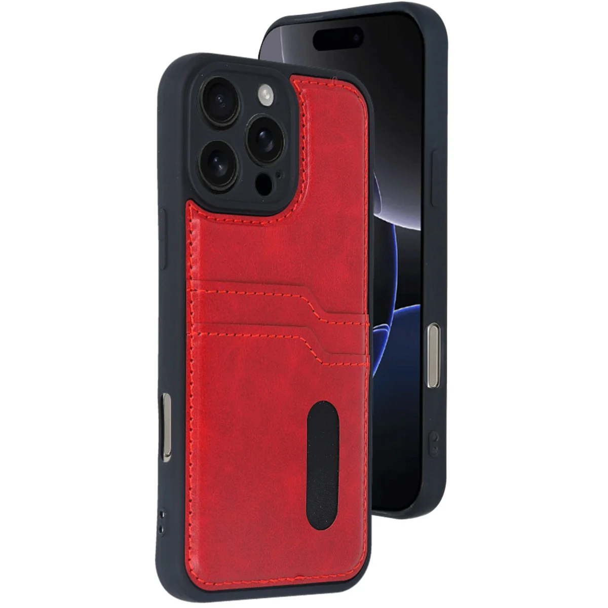 iPhone 16 Pro Kırmızı Deri Kılıf - Sara Kartvizitli Tasarım