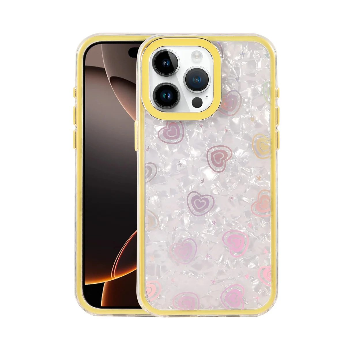 iPhone 16 Pro Lumi Desenli Kapak - Sarı Kristal Şeffaf ve Kalp Desenli Günlük Koruma