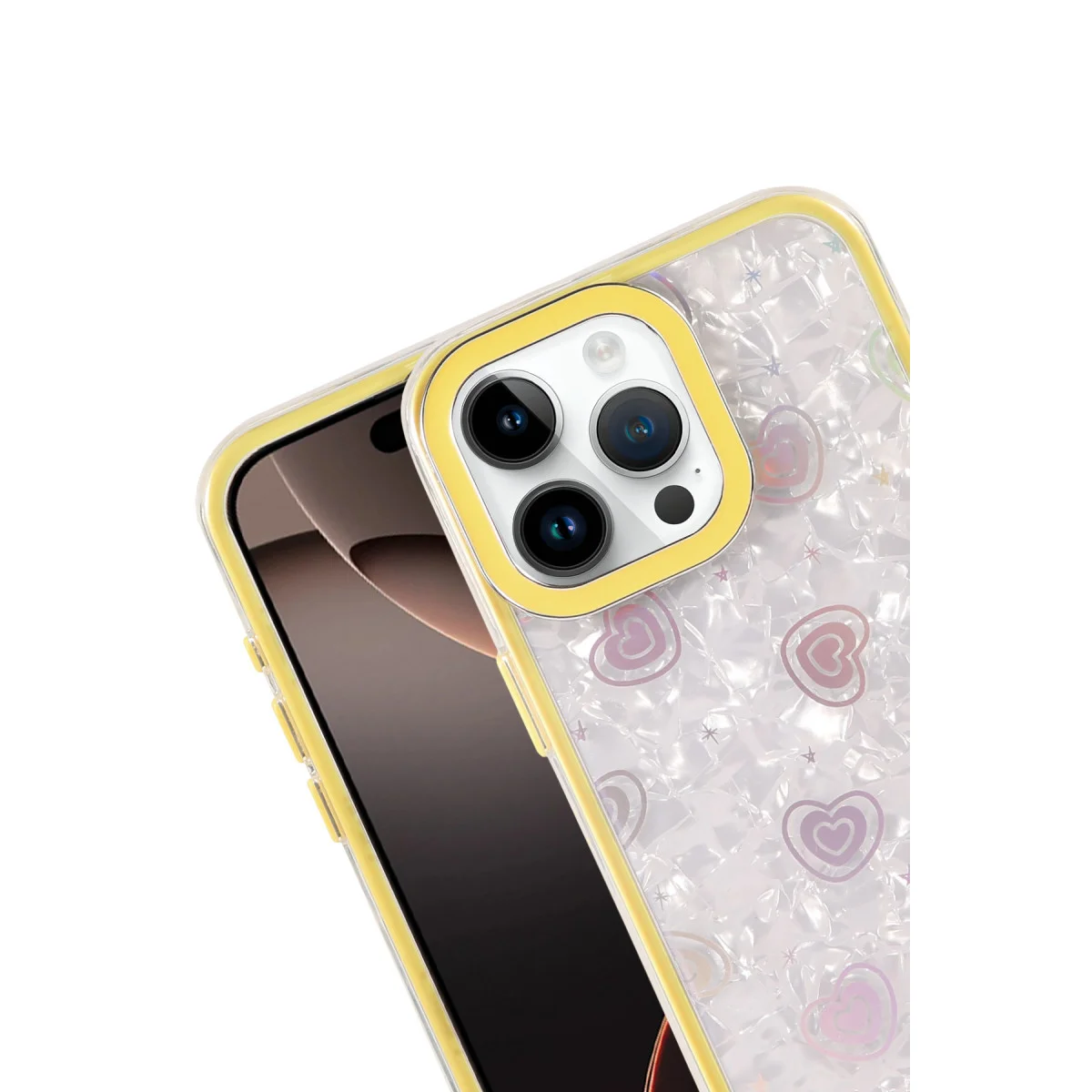 iPhone 16 Pro Lumi Desenli Kapak - Sarı Kristal Şeffaf ve Kalp Desenli Günlük Koruma