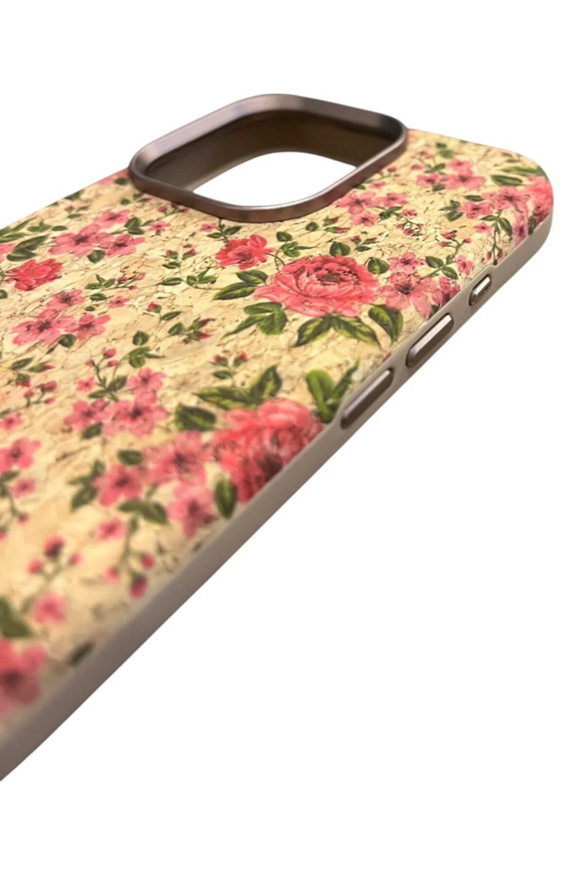 iPhone 16 Pro Max Doğal Mantar Dokulu Magsafe Kılıf Pembe Floral