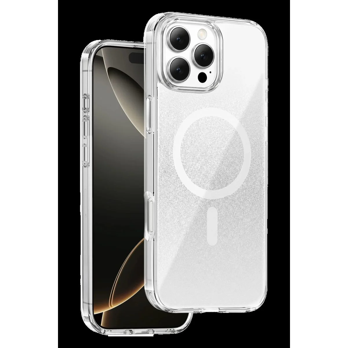 iPhone 16 Pro Max ile Uyumlu Sora Simli Magsafe Kılıf - Beyaz, Kristal Şeffaflık, Parmak İzi Bırakmaz