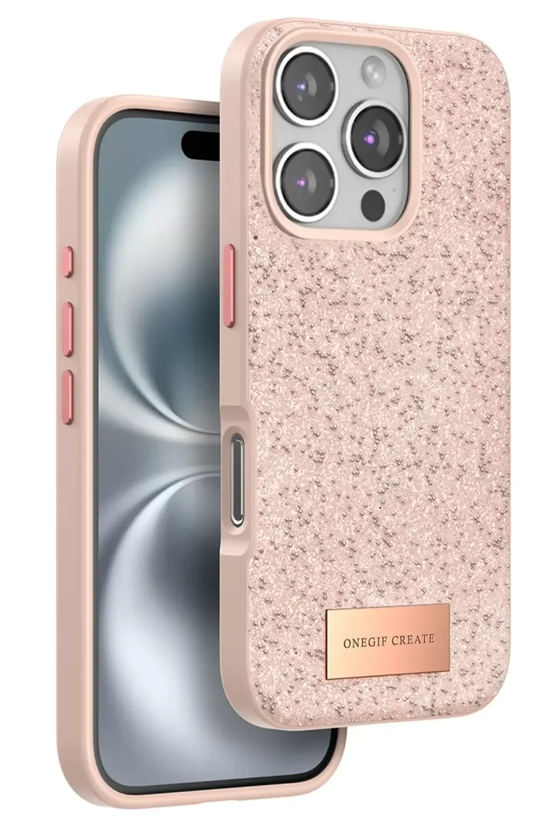 iPhone 16 Pro Max ile Uyumlu Bright Simli Kapak - Pembe Boncuklu Şık Telefon Kılıfı