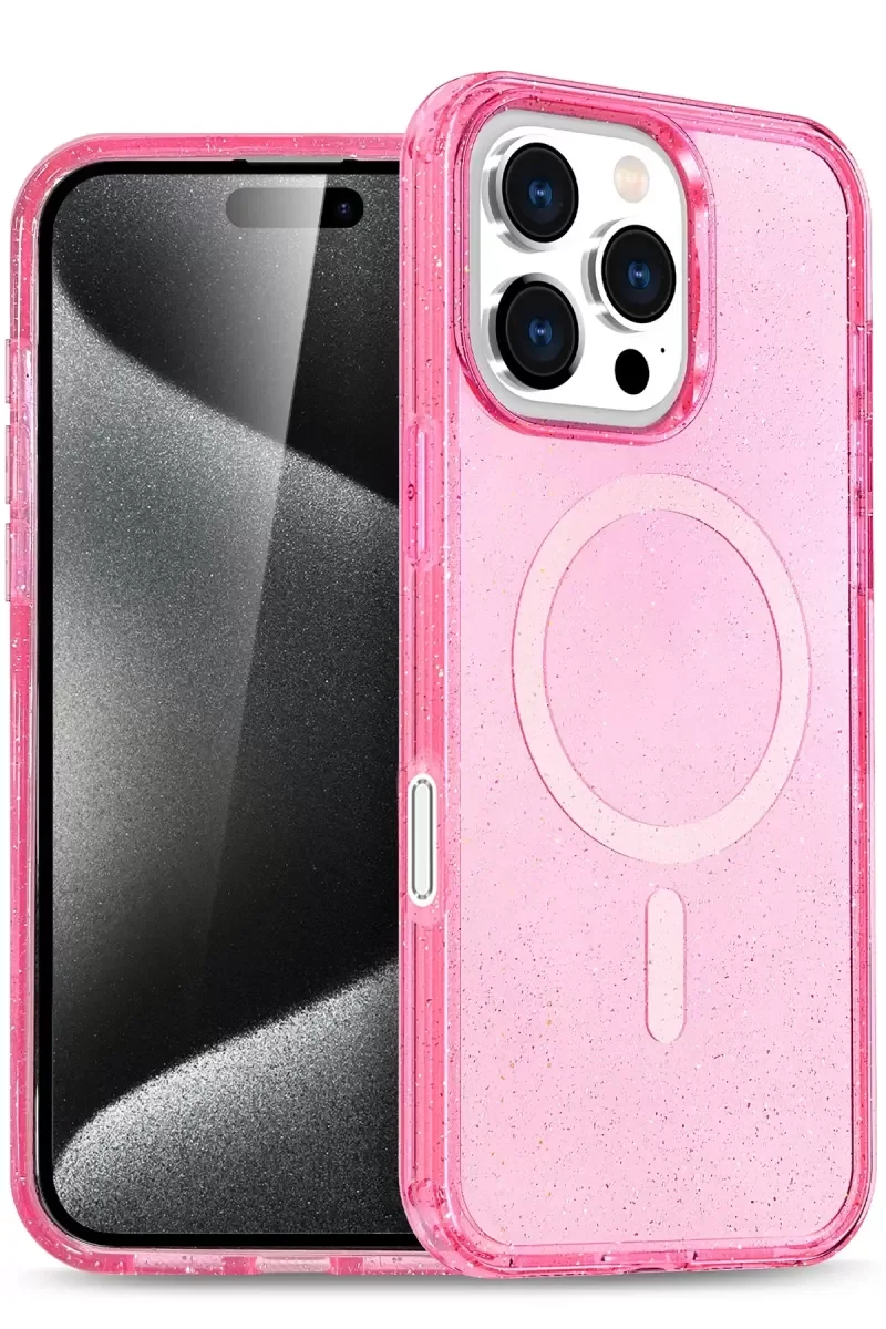 iPhone 16 Pro Max ile Uyumlu Star MagSafe Kapak - Pembe, Parlak Simli, Darbe Korumalı