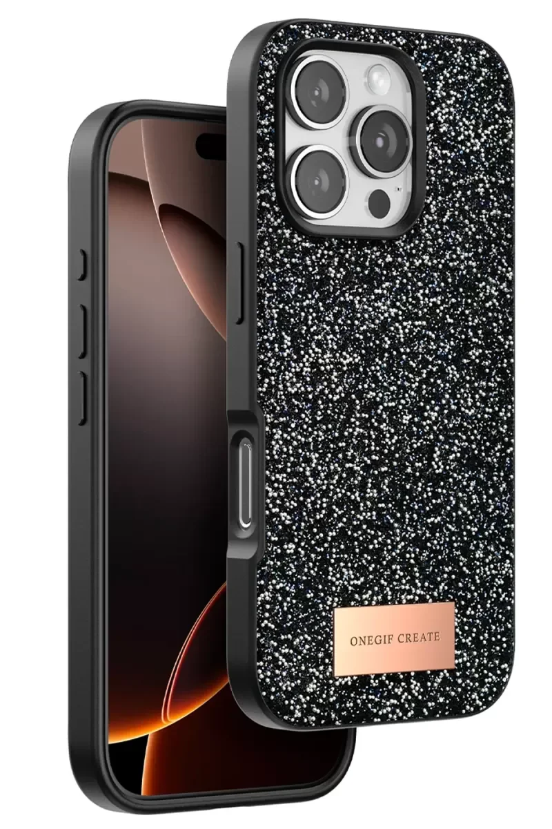 iPhone 16 Pro Max ile Uyumlu Bright Simli Kapak - Siyah | Boncuk İşlemeli Şık Telefon Kılıfı