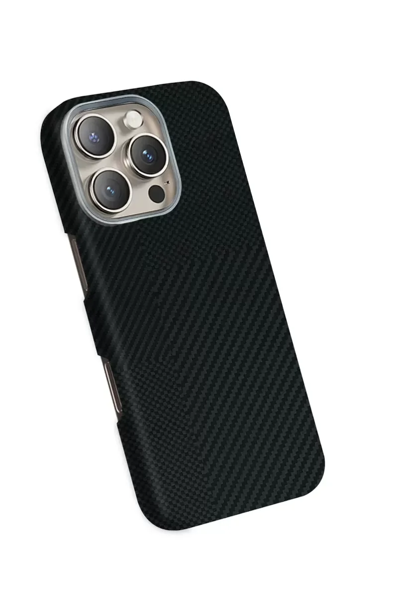 iPhone 16 Pro Max ile Uyumlu Volt MagSafe Kapak - Siyah Kevlar Desenli Darbe Emici Telefon Kılıfı