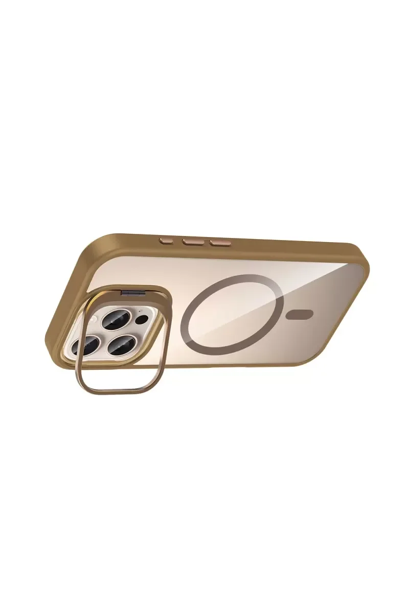 iPhone 16 Pro Max ile Uyumlu Remim Lensli MagSafe Standlı Kapak - Kahverengi Şeffaf Telefon Kılıfı