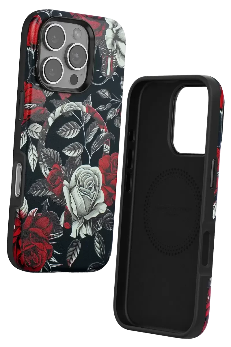 iPhone 16 Pro Max ile Uyumlu Flower Series Magsafe Şarj Kabı - Siyah, 3D Canlı Gül Desenli
