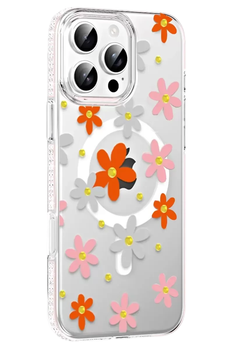 iPhone 16 Pro Max ile Uyumlu Floral Magsafe Kılıf - Turuncu, Işıltılı Elmas Detaylı, Sararmayan Darbe Korumalı Şeffaf Kapak