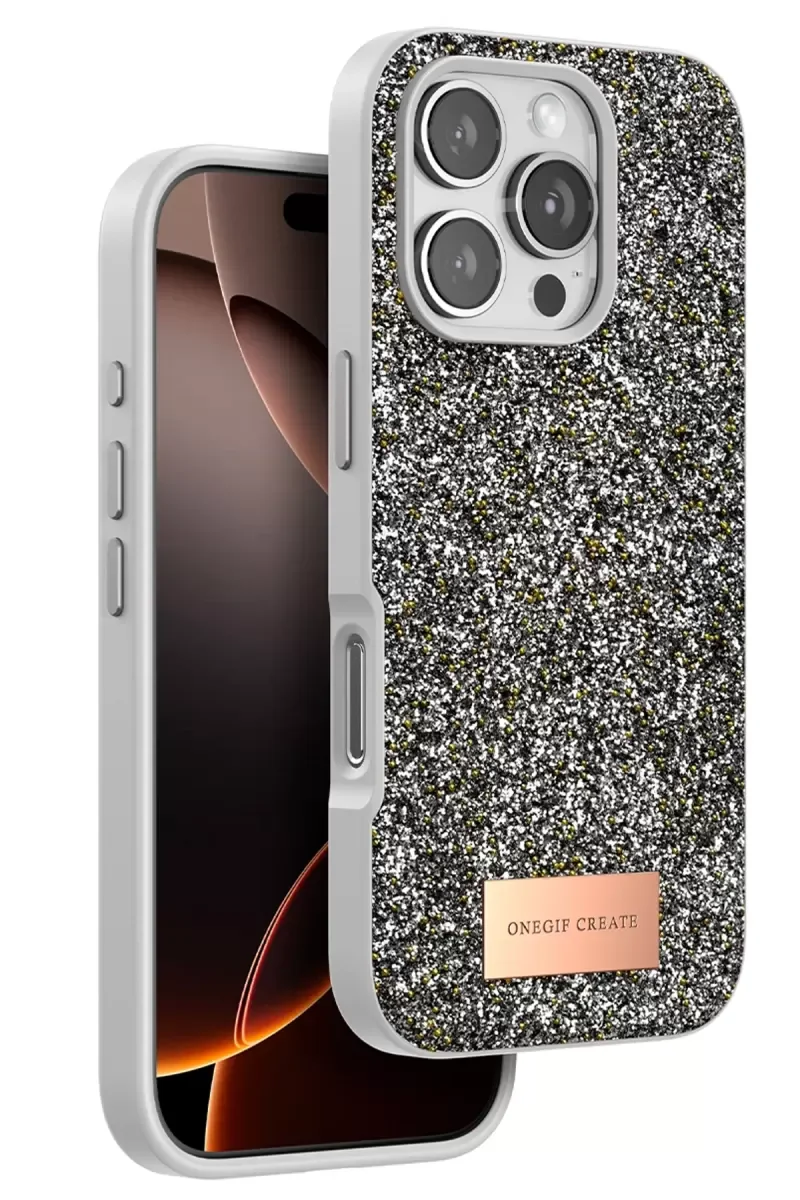 iPhone 16 Pro Max ile Uyumlu Bright Simli Kapak - Gümüş, Boncuk İşlemeli