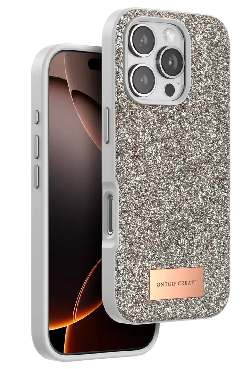 iPhone 16 Pro Max ile Uyumlu Bright Simli Kapak - Altın Boncuk İşlemeli Şık Telefon Kılıfı