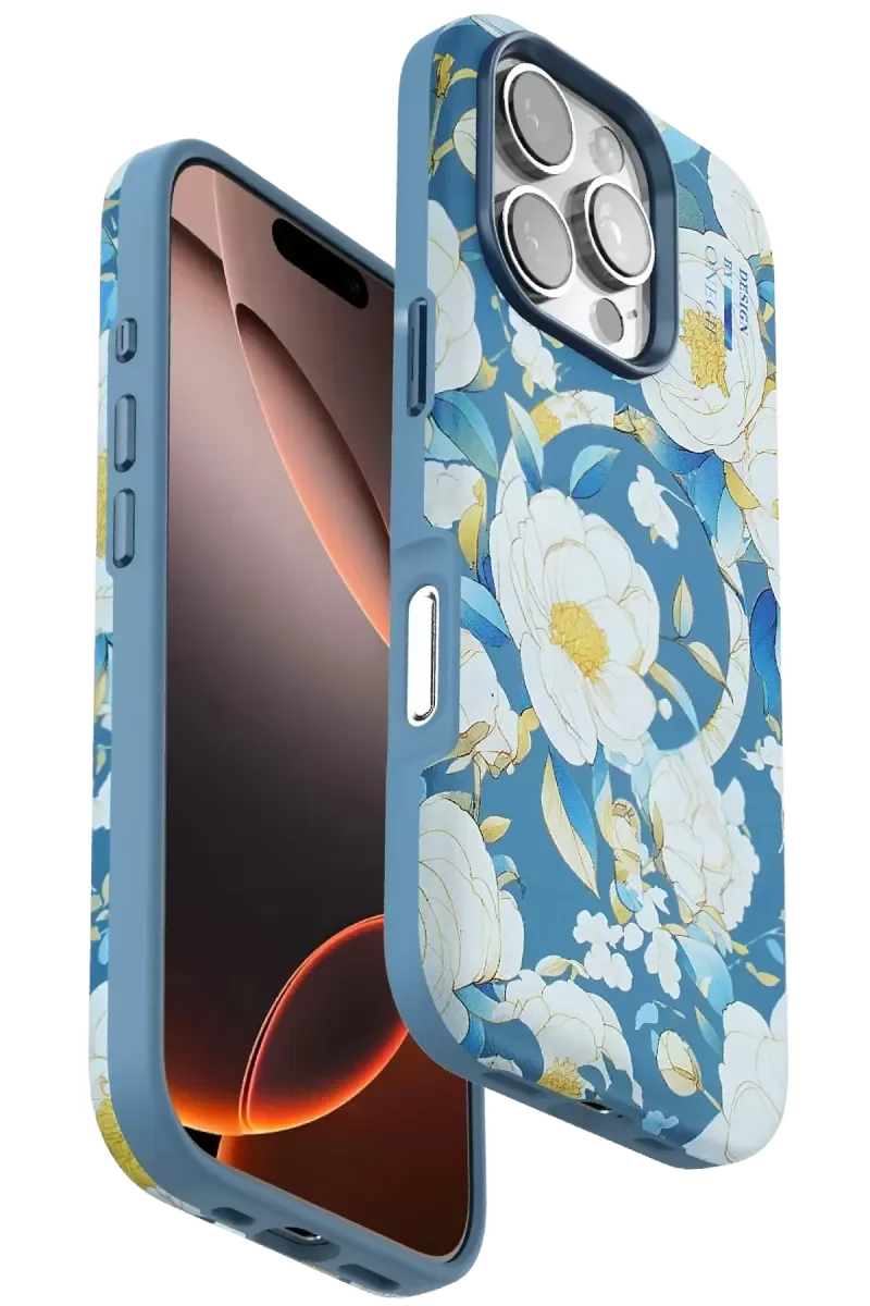 iPhone 16 Pro Max ile Uyumlu Flower Series MagSafe Kapak - 3D Canlı Gül Desenli Mavi