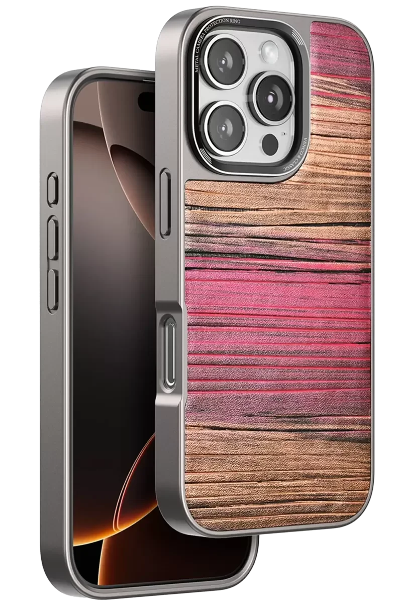 iPhone 16 Pro Max ile Uyumlu Wave Kapak - Pembe Suni Deri & Metal Kamera Korumalı