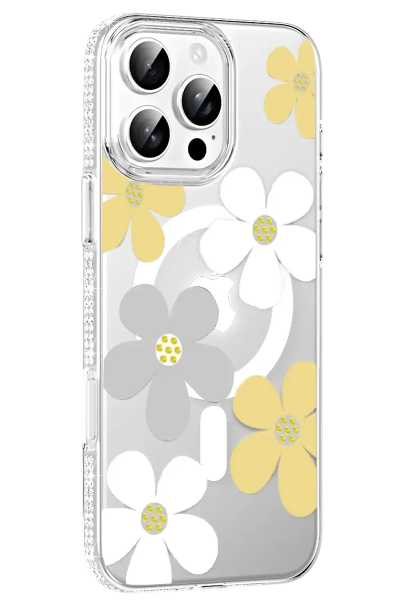 iPhone 16 Pro Max ile Uyumlu Floral Magsafe Kılıf - Sarı Çiçek Desenli Şeffaf Telefon Kılıfı