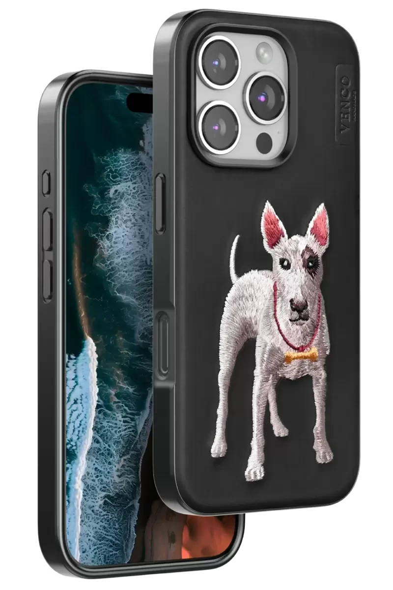 iPhone 16 Pro Max ile Uyumlu Perma Desenli Kapak - Siyah Deri Görünümlü Köpek Figürlü Telefon Kılıfı