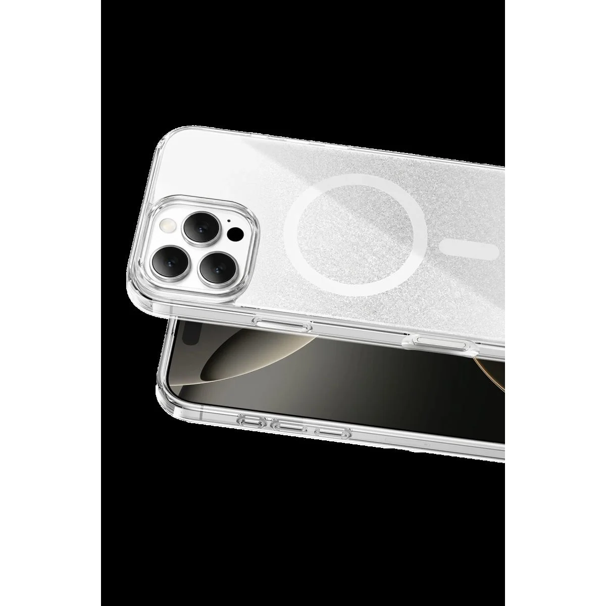 iPhone 16 Pro Max ile Uyumlu Sora Simli Magsafe Kılıf - Beyaz, Kristal Şeffaflık, Parmak İzi Bırakmaz