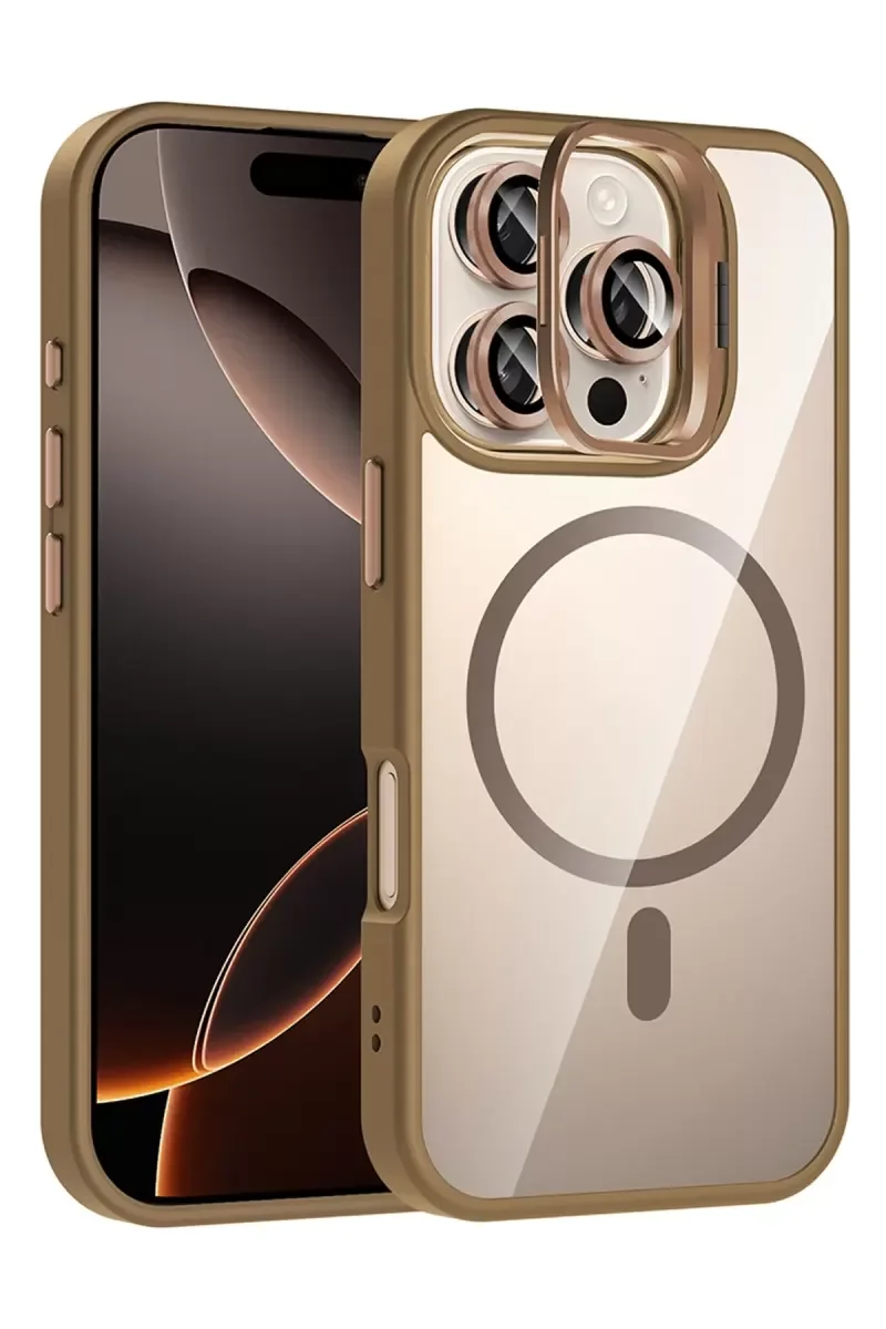 iPhone 16 Pro Max ile Uyumlu Remim Lensli MagSafe Standlı Kapak - Kahverengi Şeffaf Telefon Kılıfı