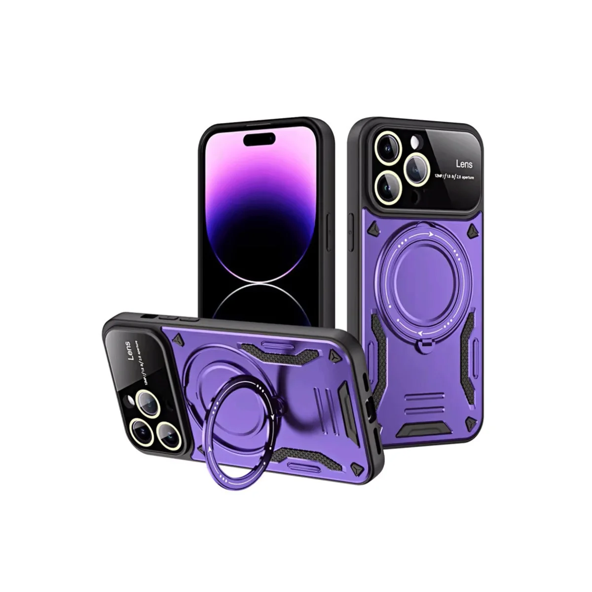 iPhone 16 Pro Max Joy Lens Standlı Kılıf - Mor ve 360 Döner